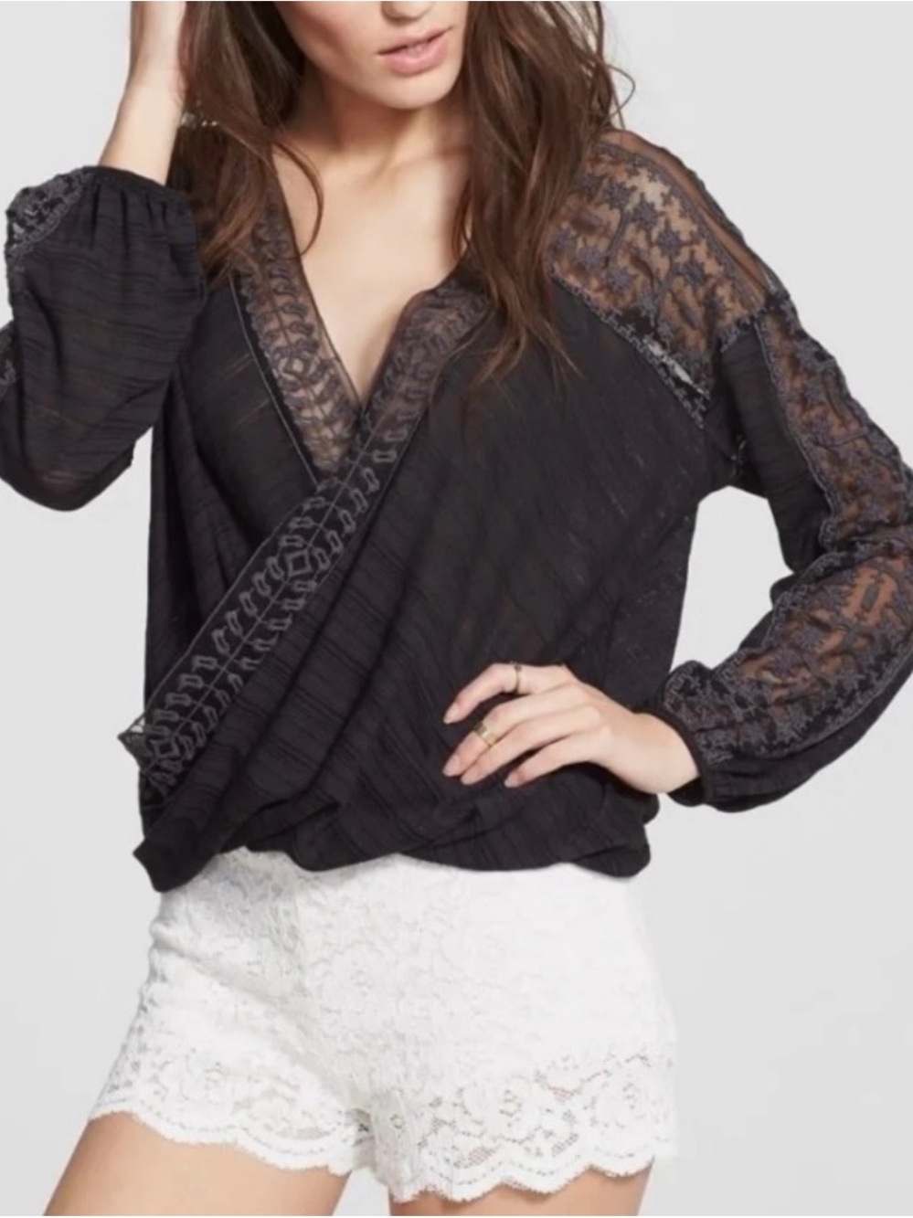 Free People Black Surplice Lace Embroidered Boho Top S/P #214
